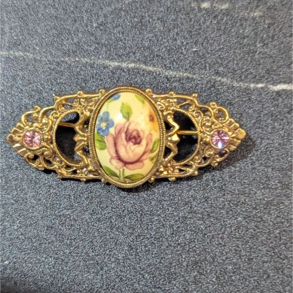 Vintage Gold Brooch With Rose Cameo & Pink Rhinestones 2.5" Floral Design Elegan - Picture 3 of 6